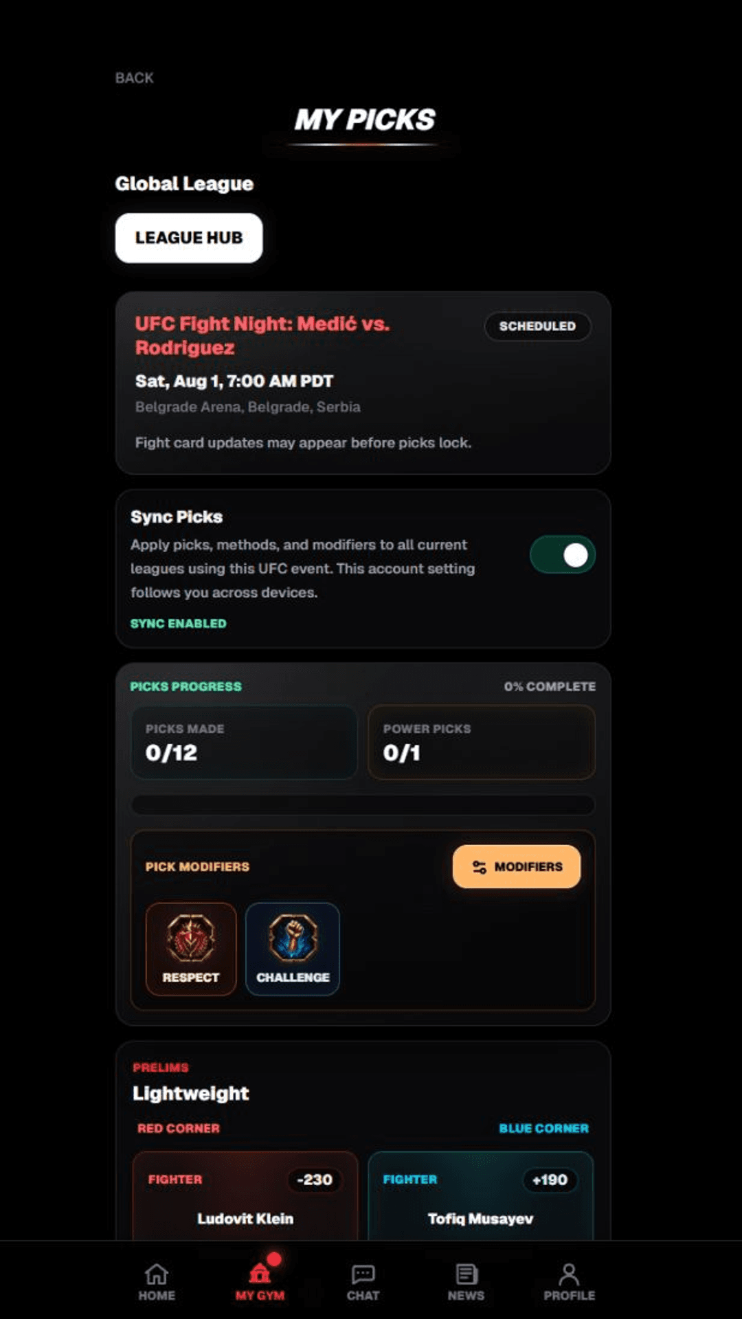 Cage Rivals picks screen with fight picks and Pick Modifiers