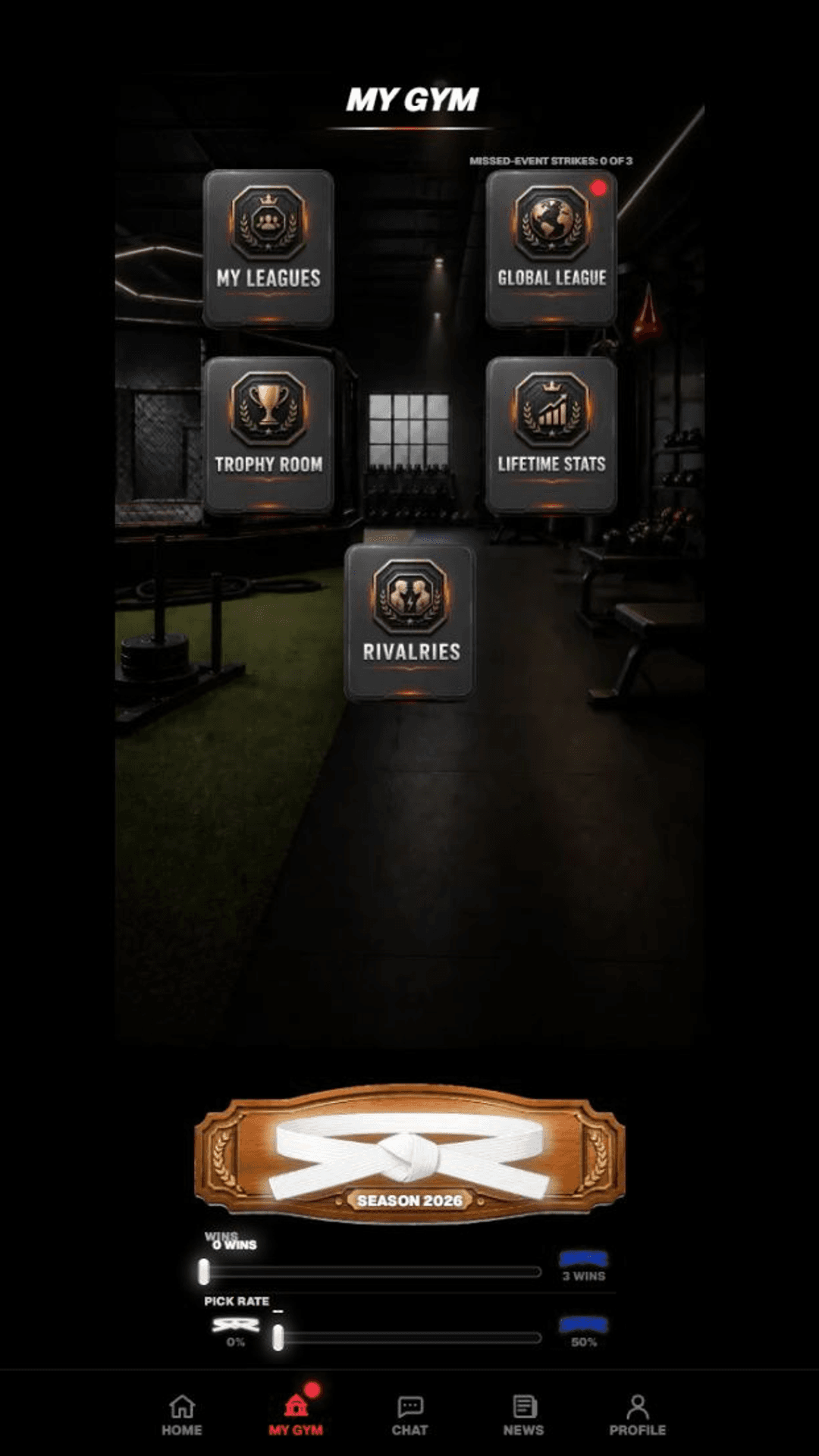Cage Rivals My Gym screen showing the current-season White Belt progression plaque