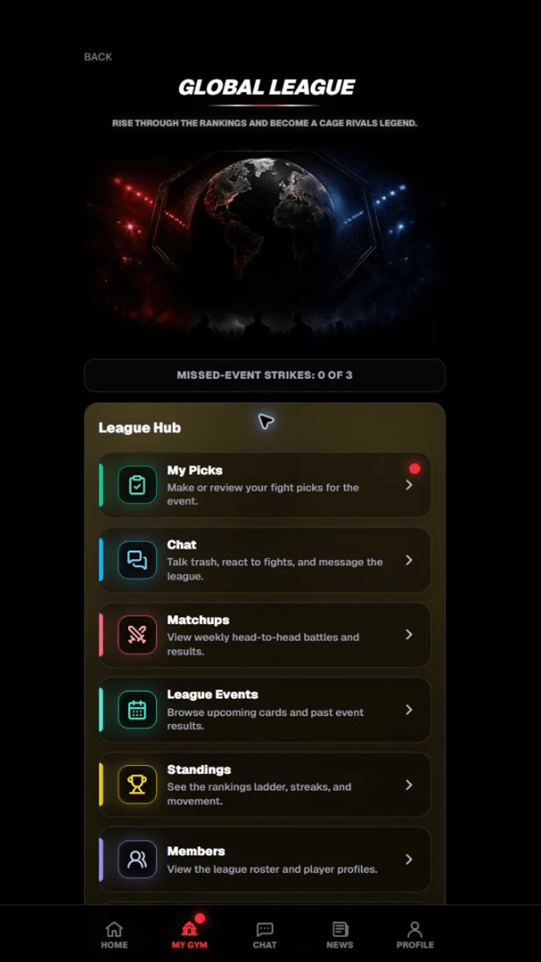 Cage Rivals Global League hub with app-wide picks, chat, matchups, standings, and members